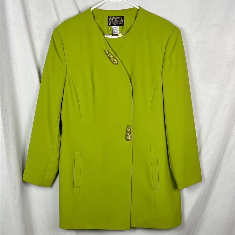 Champagne Italy Light Green Long Blazer with Beaded Leaf Buttons